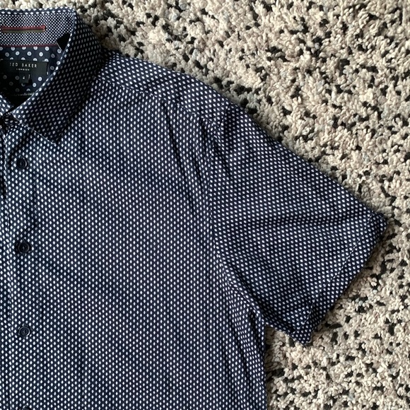 Ted Baker London Short Sleeve Shirt Button Down Casual Dress Navy Blue White 4 L - Picture 6 of 13